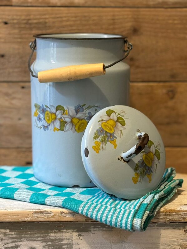 www.queensbrocanteboutique.nl webwinkel brocante vintage curiosa emaille blauw vetpot